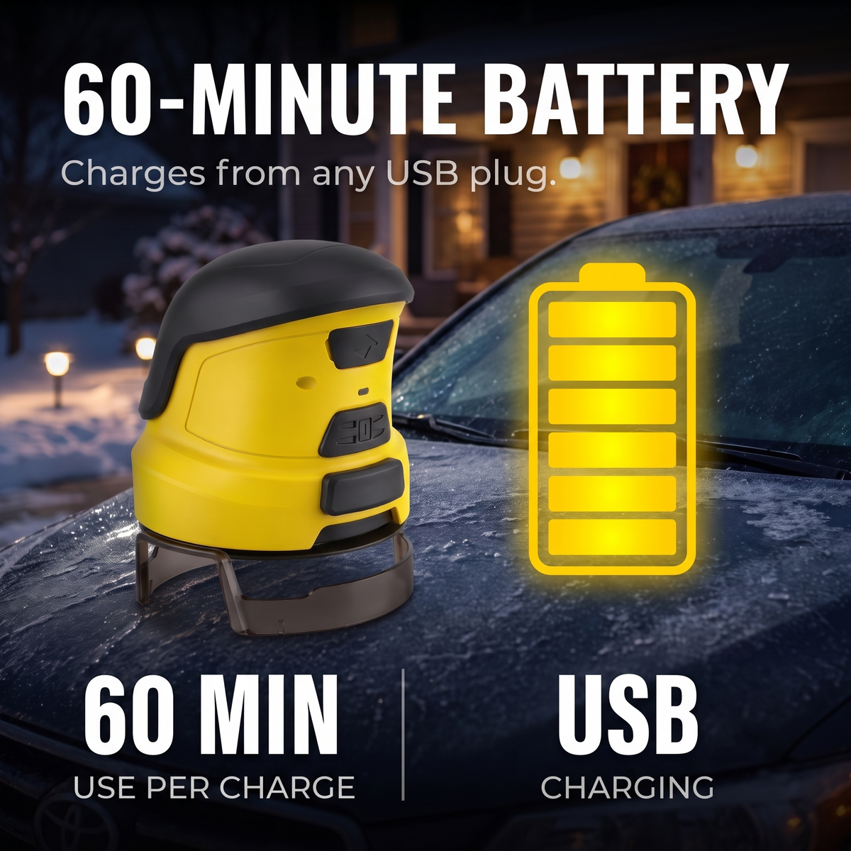 60-minute battery, USB charging