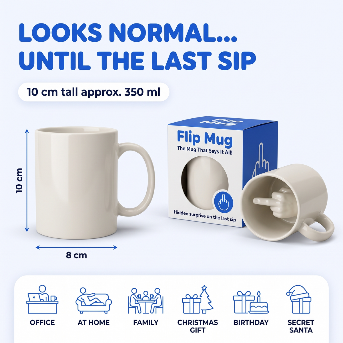 Flip Mug - looks normal until the last sip. 10cm tall, approx 350ml, with gift box